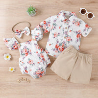 Infant Girls' Summer Printed Flying Sleeve Triangle Wrap Buttock Jumpsuit+hair Band