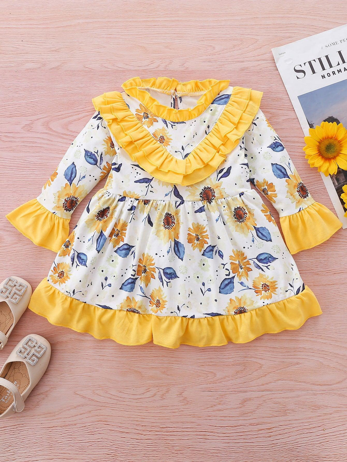 Toddler Girls' Long Sleeve Skirt Ruffle Flower Dress - PrettyKid