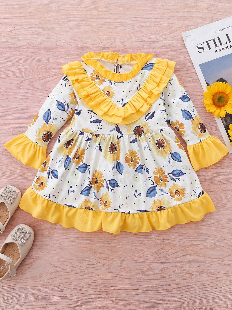 Toddler Girls' Long Sleeve Skirt Ruffle Flower Dress - PrettyKid