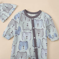 Baby Cartoon Bear Print Slant Placket Wrap Long Sleeved Jumpsuit - PrettyKid