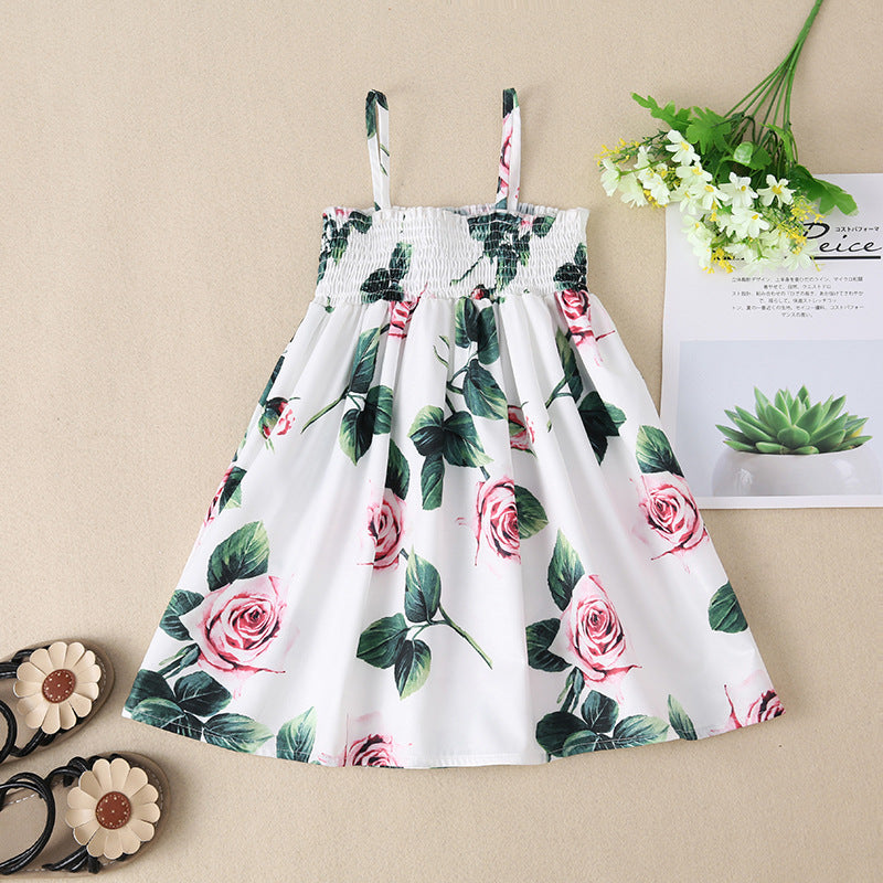 Toddler Kids Girls Solid Rose Print Sleeveless Suspender Dress - PrettyKid
