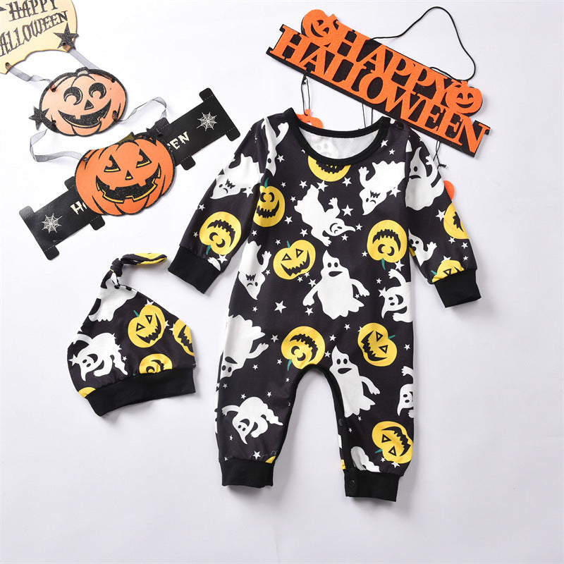 Baby Boys Halloween Cartoon Ghost Print Long Sleeve Jumpsuit - PrettyKid