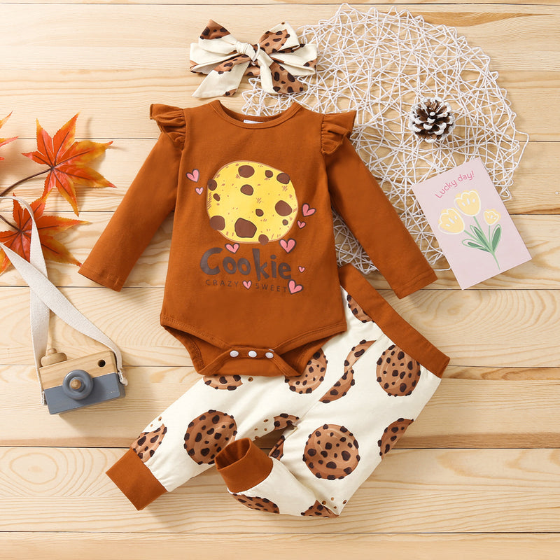 Baby Girl Solid Color Long Sleeve Cookie Print Jumpsuit Suit - PrettyKid