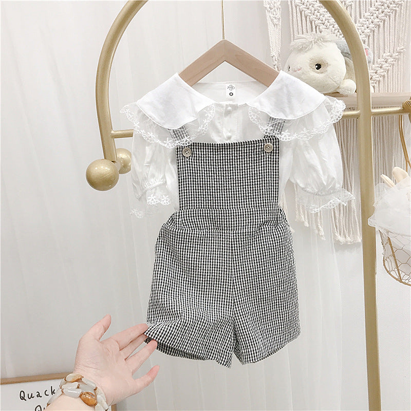 9M-6Y Toddler Girl Sets White Button-Up Shirt And Check Bib Shorts Wholesale Toddler Clothing - PrettyKid