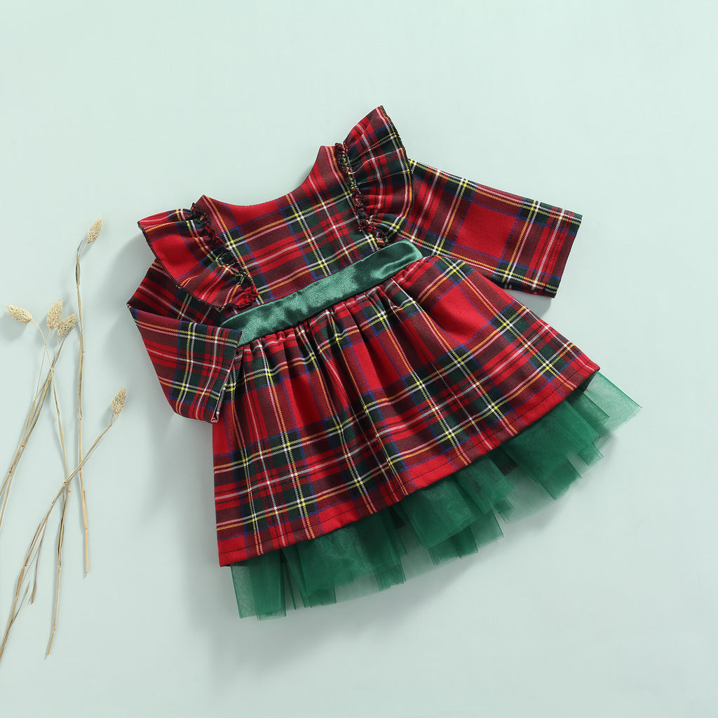 Toddler Kids Girls Long-sleeved Plaid Large Bow Mesh Christmas Dress - PrettyKid
