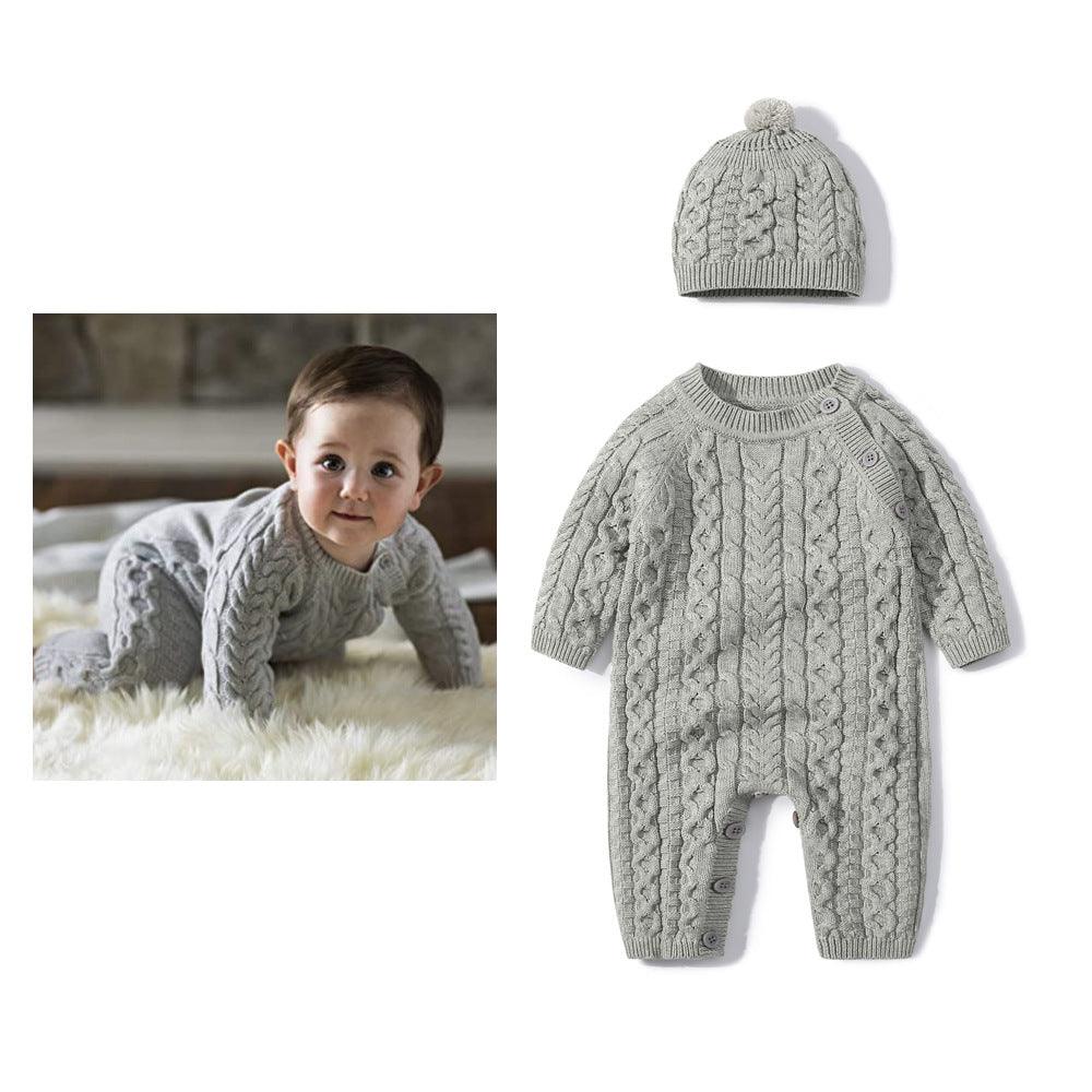 Baby Boys Girls Twist Knitting Wool Long-sleeved Jumpsuit Hat Two Piece Set - PrettyKid