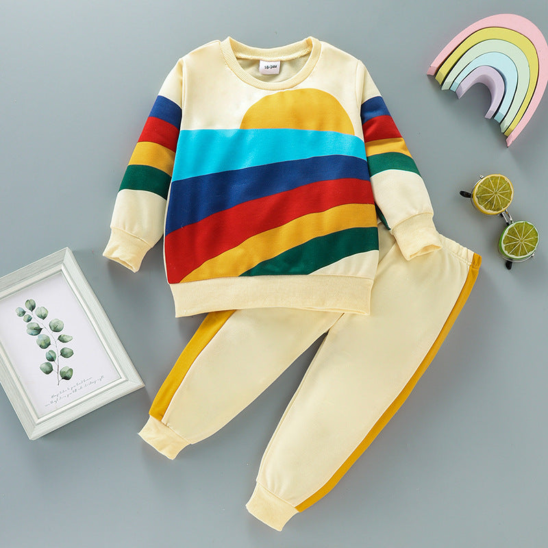 Toddler Kids Boys' Girls' Round Neck Rainbow Printing Long Sleeve Set - PrettyKid