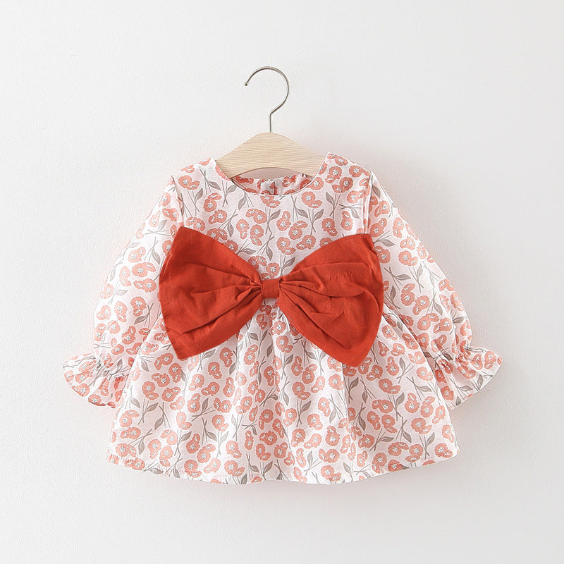 Spring Child Dress Solid Color Bow Small Flower Print Dress - PrettyKid