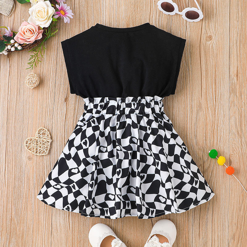 Toddler Kids Girls Solid Sleeveless Vest Black and White Plaid Stitching Dress - PrettyKid