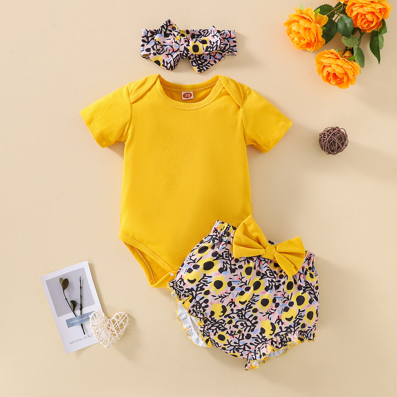 Baby Girls Summer Solid Color Round Neck Short Sleeve Jumpsuit Flower Print Triangle Shorts Hair Set - PrettyKid