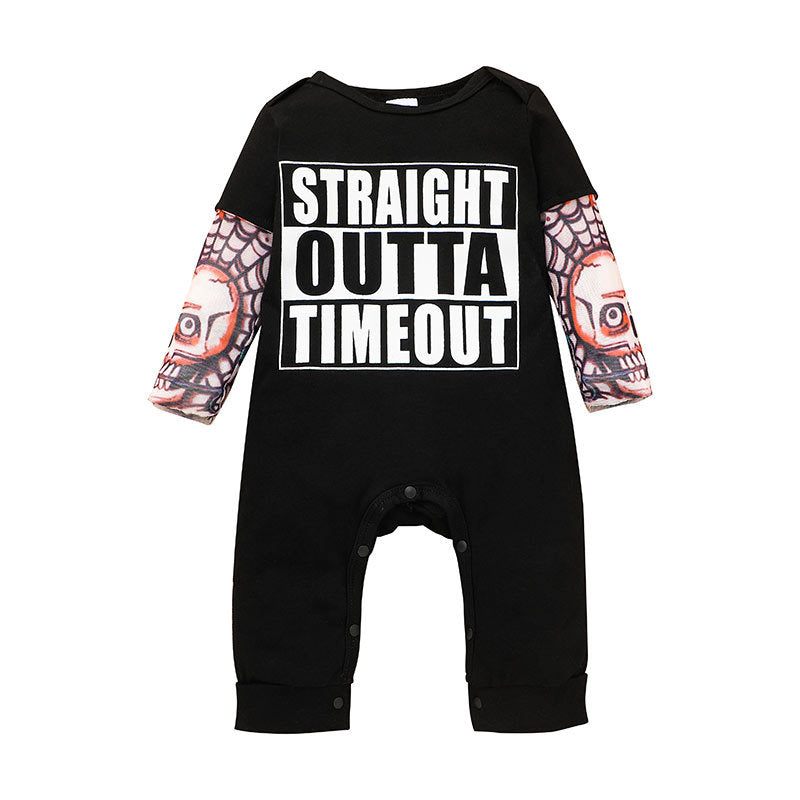 Baby Boys Solid Color Letter Print Sleeve Patchwork Jumpsuit - PrettyKid