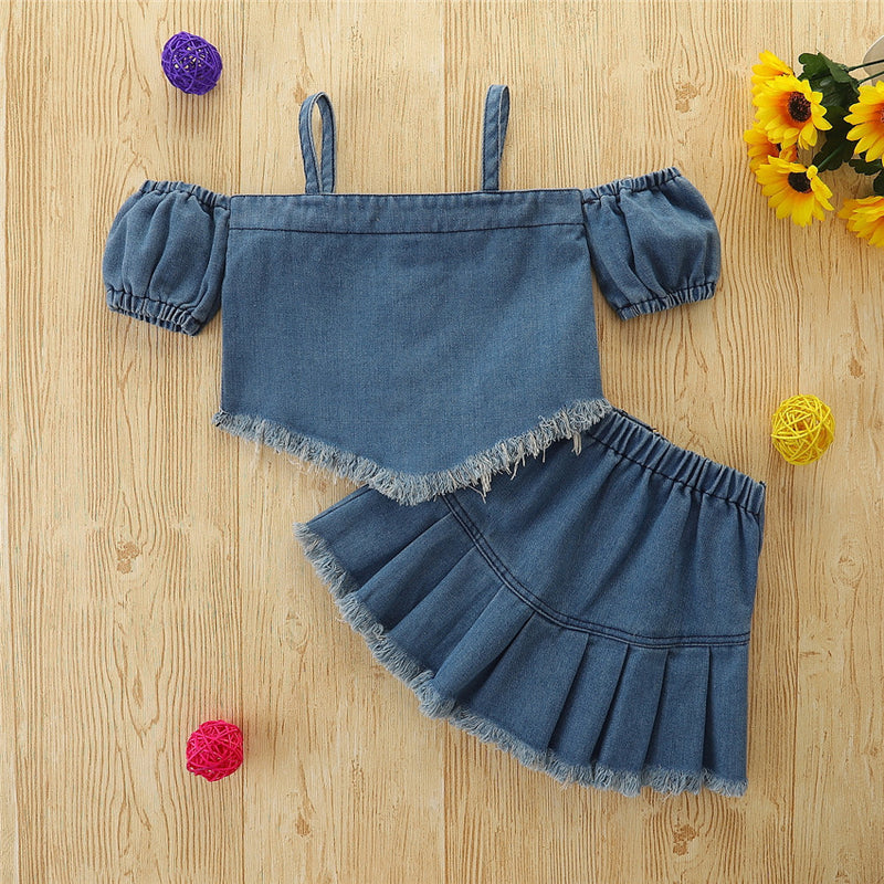Toddler Kids Girl Solid Colour Camisole Top Pleated Skirt Denim Set - PrettyKid