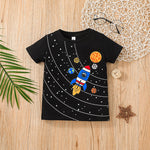 Toddler Kids Boys Cartoon Rocket Planet Print Short Sleeve T-shirt Solid Shorts Set - PrettyKid