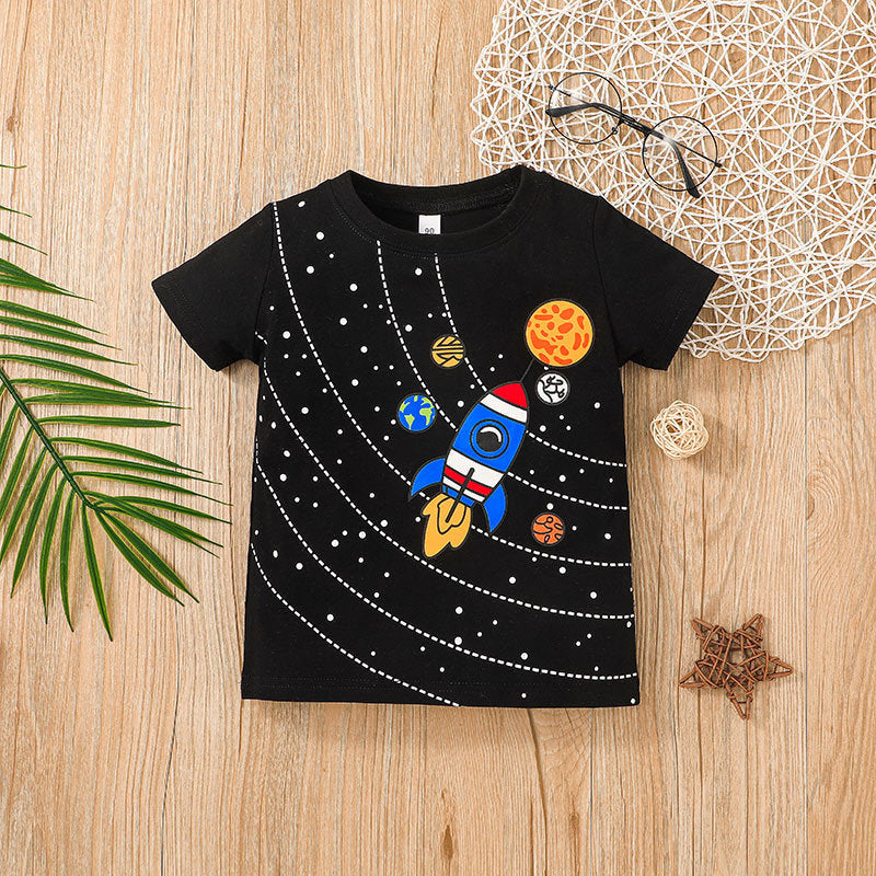 Toddler Kids Boys Cartoon Rocket Planet Print Short Sleeve T-shirt Solid Shorts Set - PrettyKid