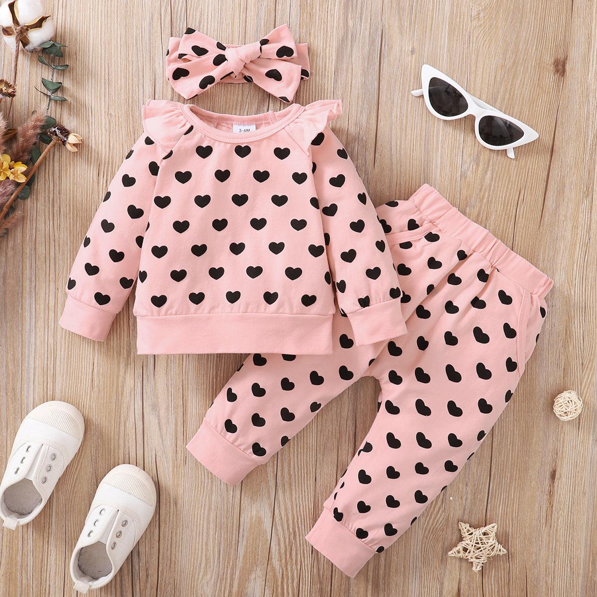 Toddler Girls Solid Color Love Print Tops Pants Hair Band Set - PrettyKid