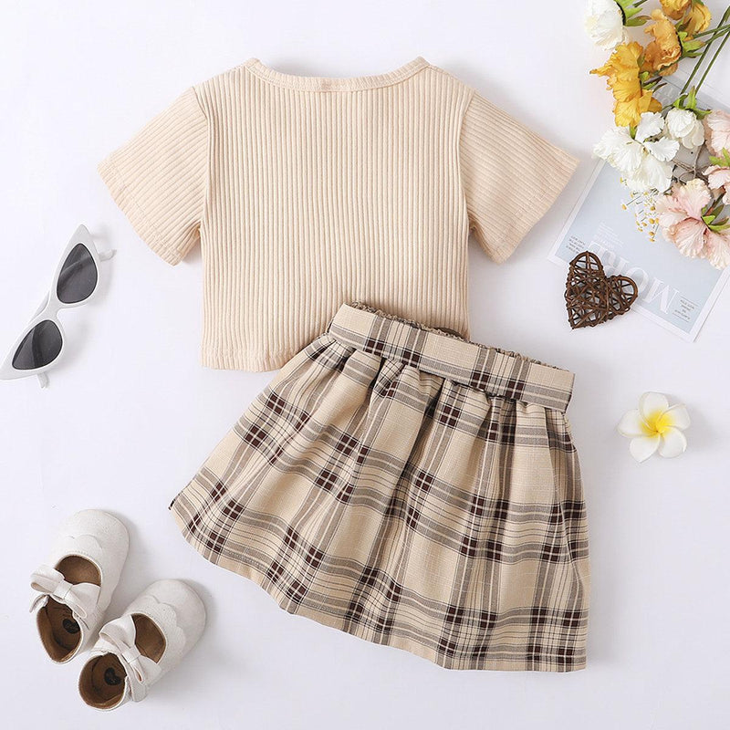 New Popular Apricot Short-sleeved Plaid Skirt Two-piece Suit Skirt