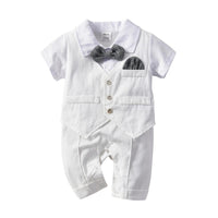 Baby Boys' Solid Color Fake Two-piece Waistcoat Bow Tie Gentleman's Short Sleeve Jumpsuit - PrettyKid