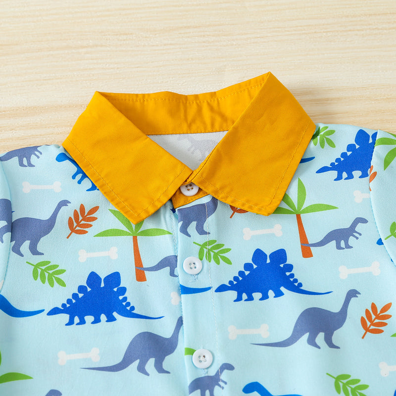Toddler Kids Boys Cartoon Dinosaur Print Lapel Short Sleeve Shirt Solid Shorts Set - PrettyKid