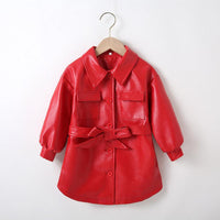 Children Girls Solid Color Lace Up Leather Jacket PU Leather Coat - PrettyKid