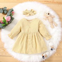 Toddler Kids Girls Solid Color Long Sleeve Button Dress Hairband Two Piece Set - PrettyKid