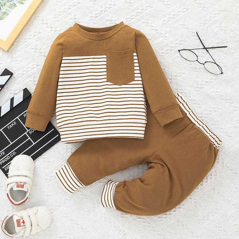 Toddler Boys Solid Stripe Print Pocket Long Sleeve Sweater Set - PrettyKid