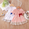 Toddler Kids Girls Solid Ruffle Short Sleeve V-neck Mesh Stitched Dress - PrettyKid
