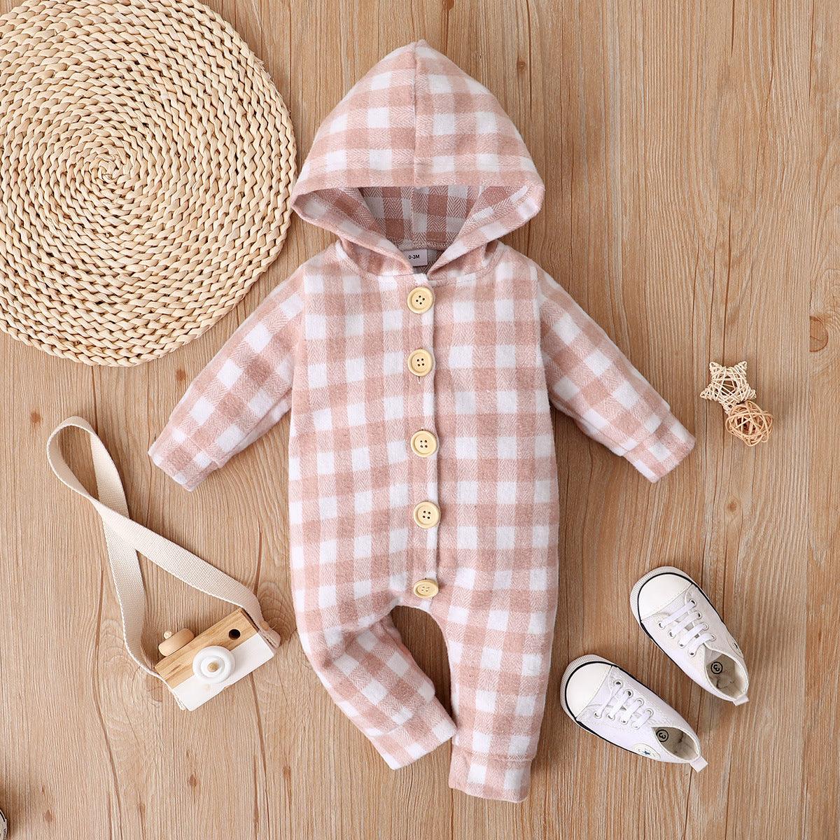 Baby Boys Girls Plaid Print Hooded Long Sleeved Jumpsuit - PrettyKid