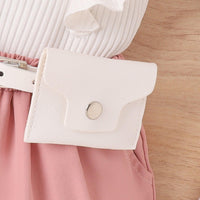 Spring and Summer Cotton Pit Strip Flying Sleeve Top Solid Color Shorts with Waist Bag Girls Suit