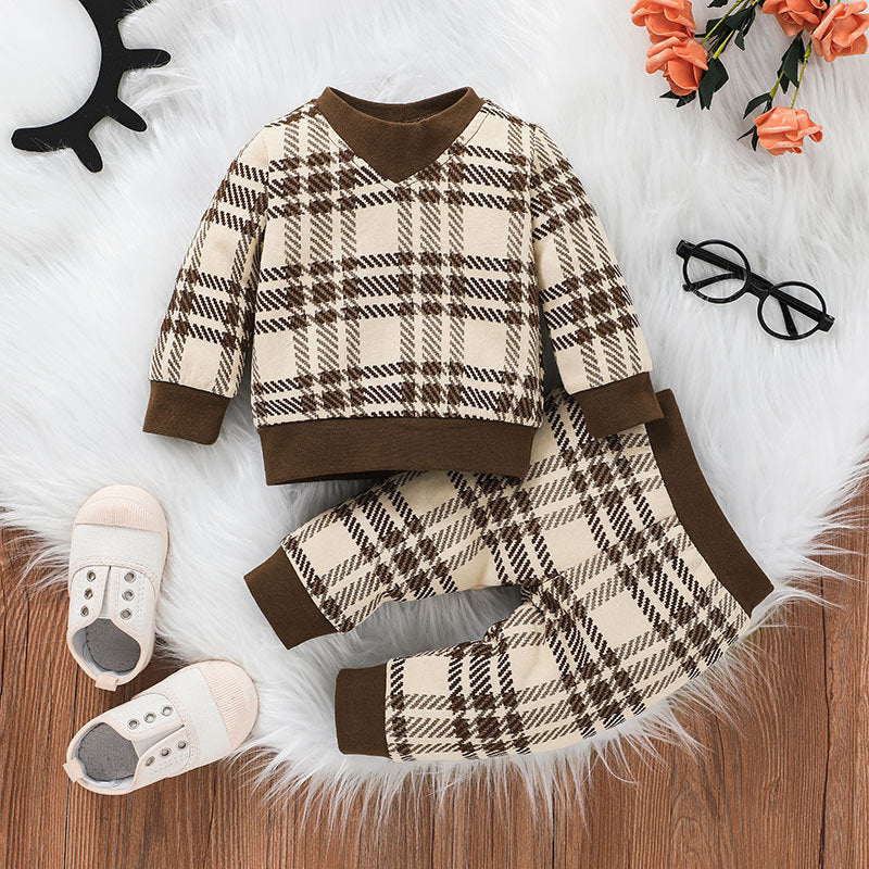 Toddler Kids V-neck Plaid Sweater Two Piece Set - PrettyKid