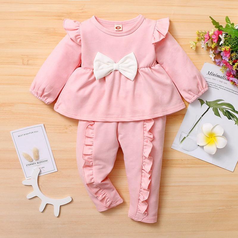 Toddler Kids Girls Solid Bow Ruffle Long Sleeve Suit - PrettyKid