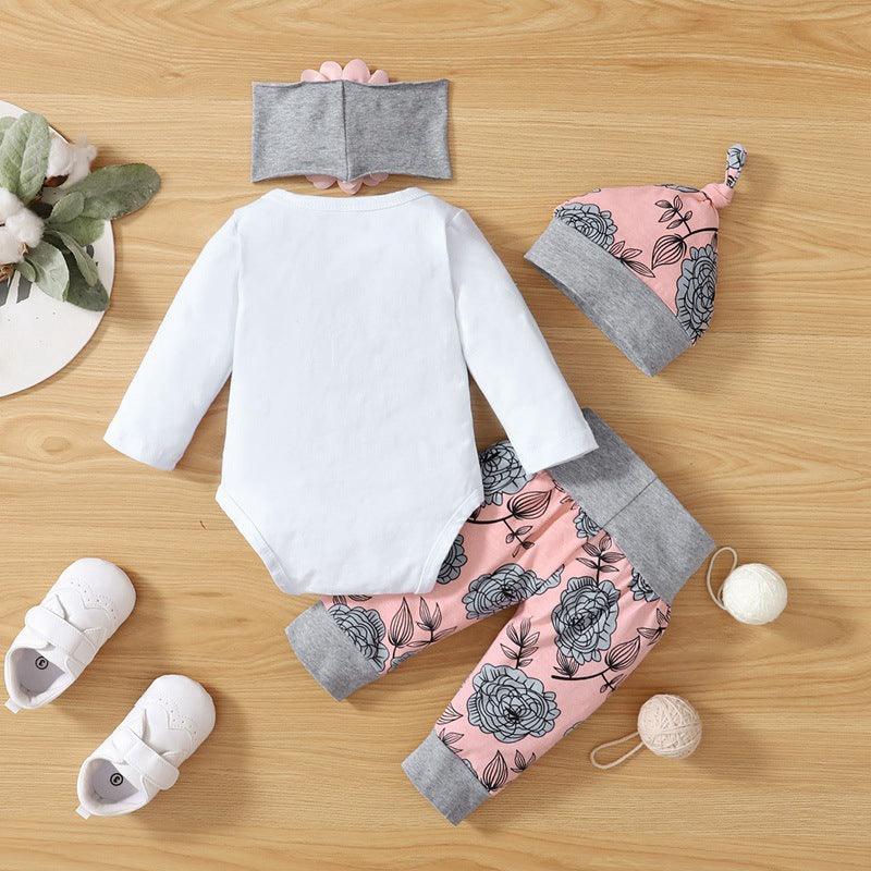 Baby Girls Solid Color Letters Long-sleeved Jumpsuit Floral Print Pants Hood Hat Four-piece Set - PrettyKid