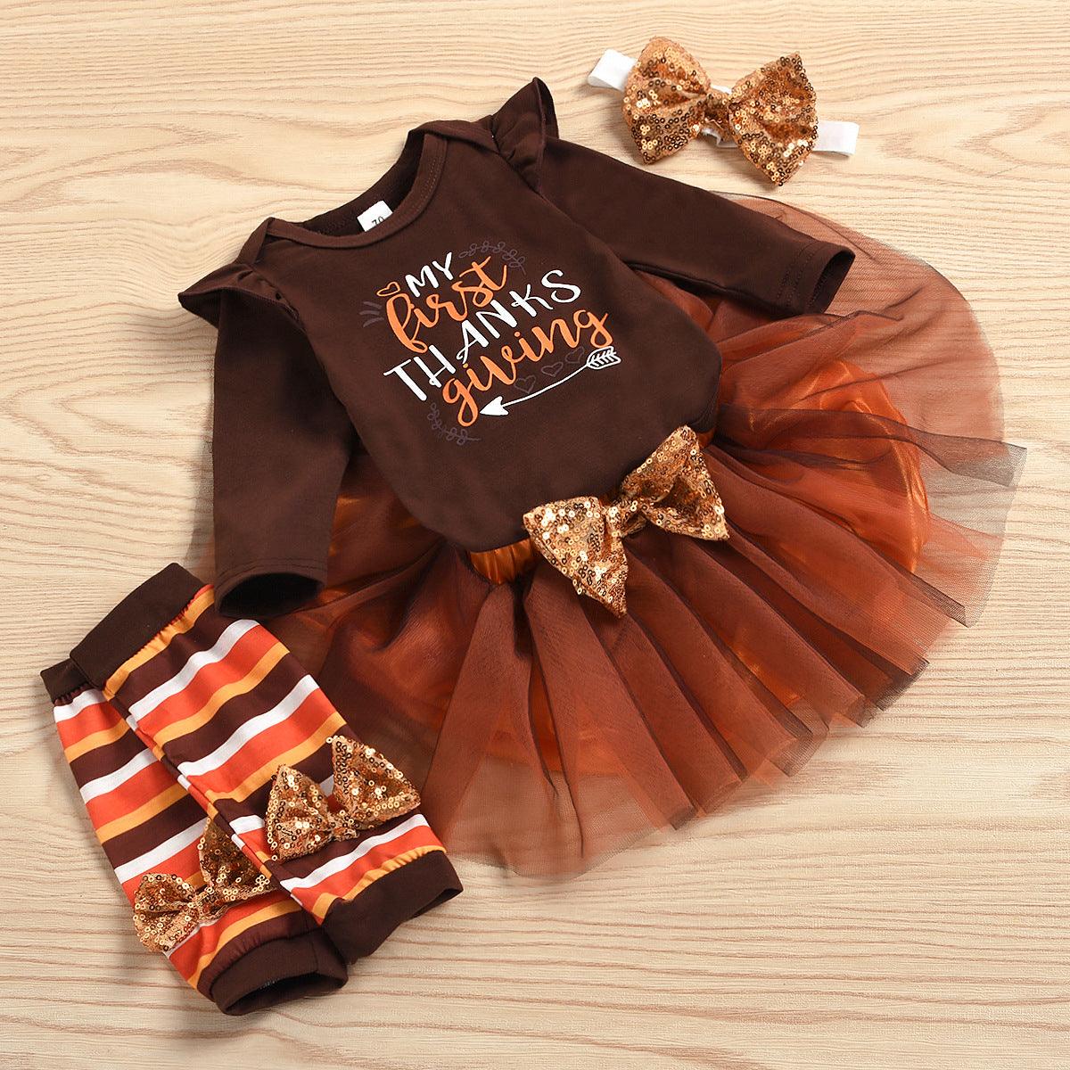 Baby Girls Thanksgiving Letter Printed LONG SLEEVE BODYSUIT Mesh SKIRT GARTER Wholesale Baby Clothes Online - PrettyKid