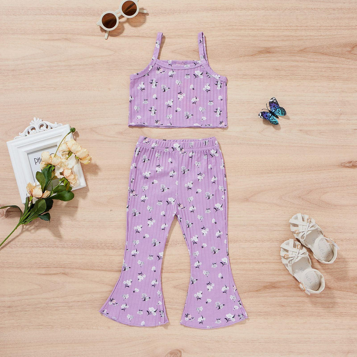 Toddler Kids Girls' Cotton Floral Suspenders Flared Pants Set - PrettyKid