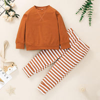 Toddler Kids Solid Color Sweater Striped Trousers Set - PrettyKid