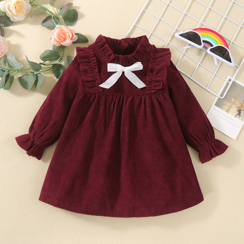 Toddler Girl Solid Ruffle Bow Long Sleeve Dress - PrettyKid