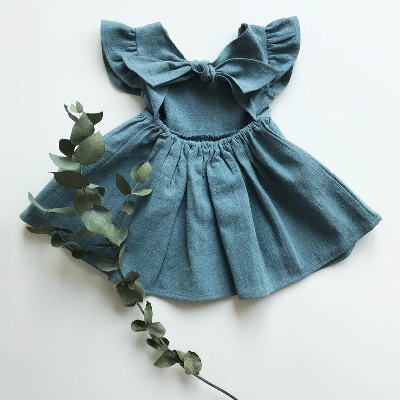 New Girls' Dresses Baby Cotton Linen Solid Color Child Dress Bow Princess Dress - PrettyKid