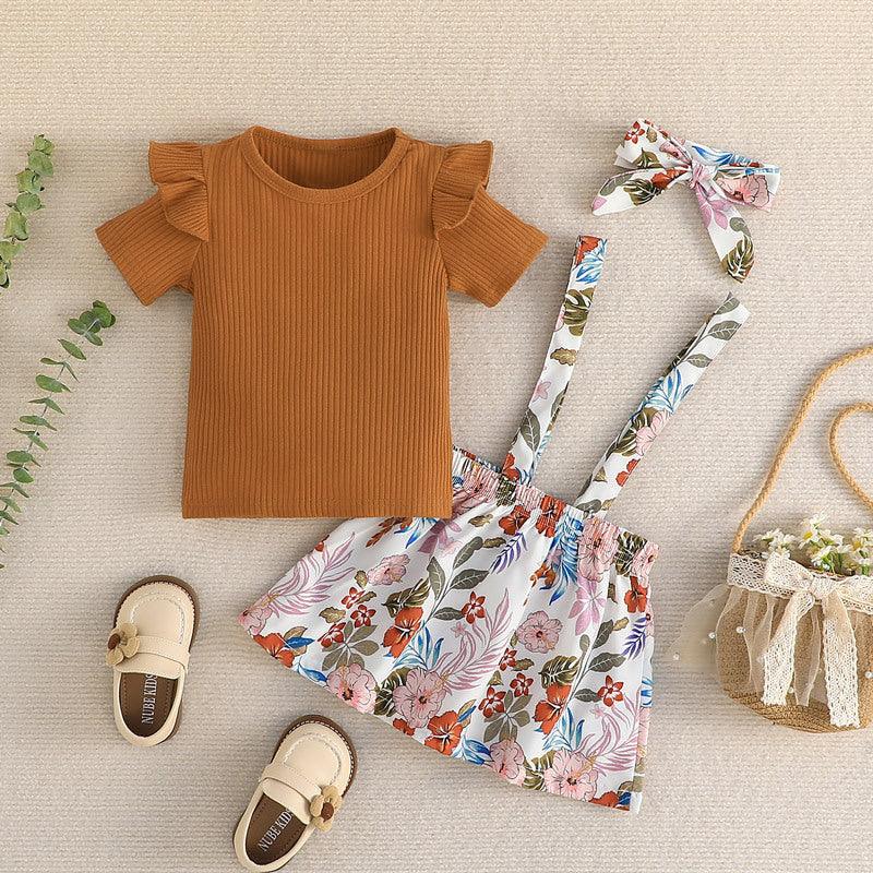 Solid Color T-shirt+printed Skirt+headband Three-piece Set of 2023 New Printed Belt Skirt Set - PrettyKid