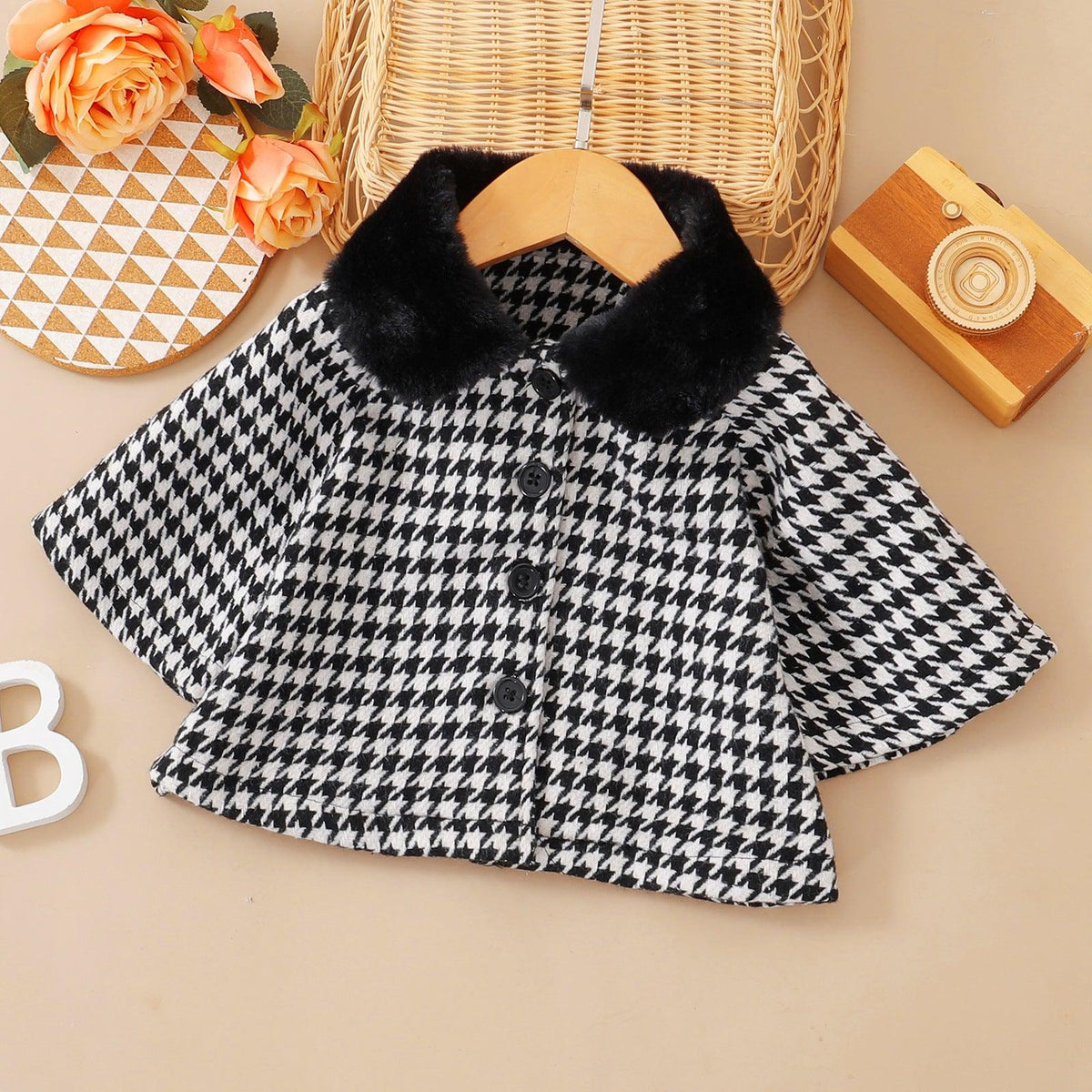 Baby Girl Black White Thousand Bird Check Wool Collar Button Long Sleeve Coat - PrettyKid