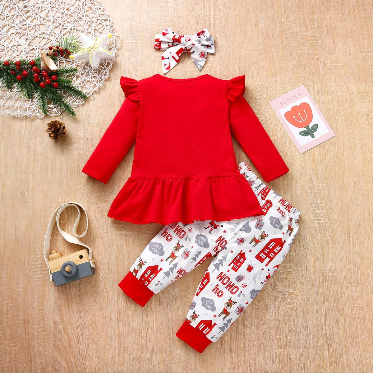 Girls Cute Cartoon Christmas Printed Long Sleeved Top Long Pants Hair Accessories Set - PrettyKid