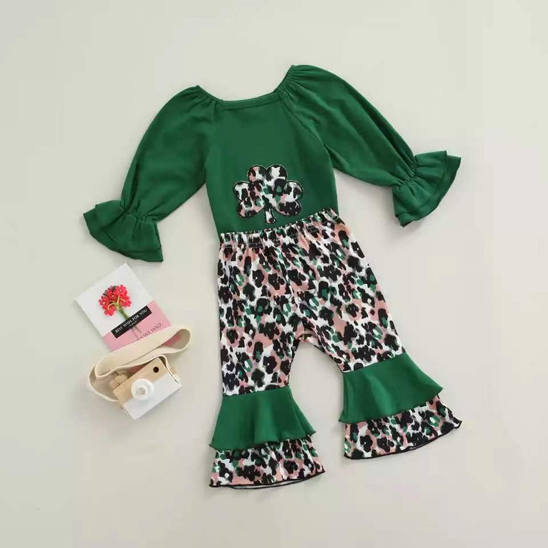 St. Patrick's Day Girls' Four Leaf Grass Flare Sleeve Slotted Neck Top Flare Pants Set - PrettyKid