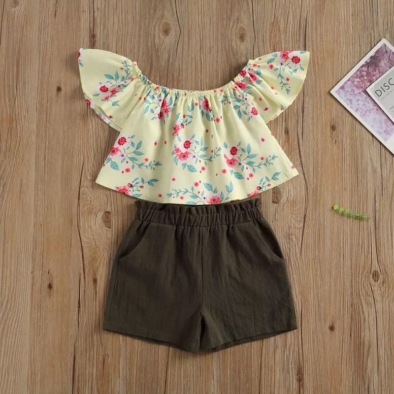 Toddler kids girls' floral print Ruffle short sleeve top and shorts two piece set - PrettyKid