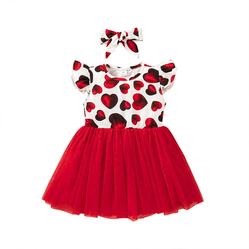 Children's Valentine's Day Flying Sleeve Dress Sweet Little Girl Love Splice Mesh Dress Holiday Vest Dress - PrettyKid
