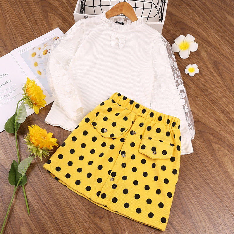 Toddler Kids Girls Solid Color Lace Long Sleeve Top Polka Dot Print Short Skirt Set - PrettyKid
