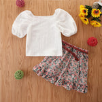 Toddler Kids Girls White Short Sleeve Square Neck T-shirt Floral Skirt Set Wholesale Girls Dresses - PrettyKid