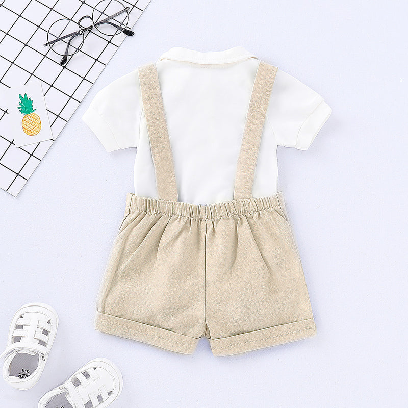 Baby Boys Little Gentleman Solid Color Short Sleeved Top Strap Shorts Set - PrettyKid