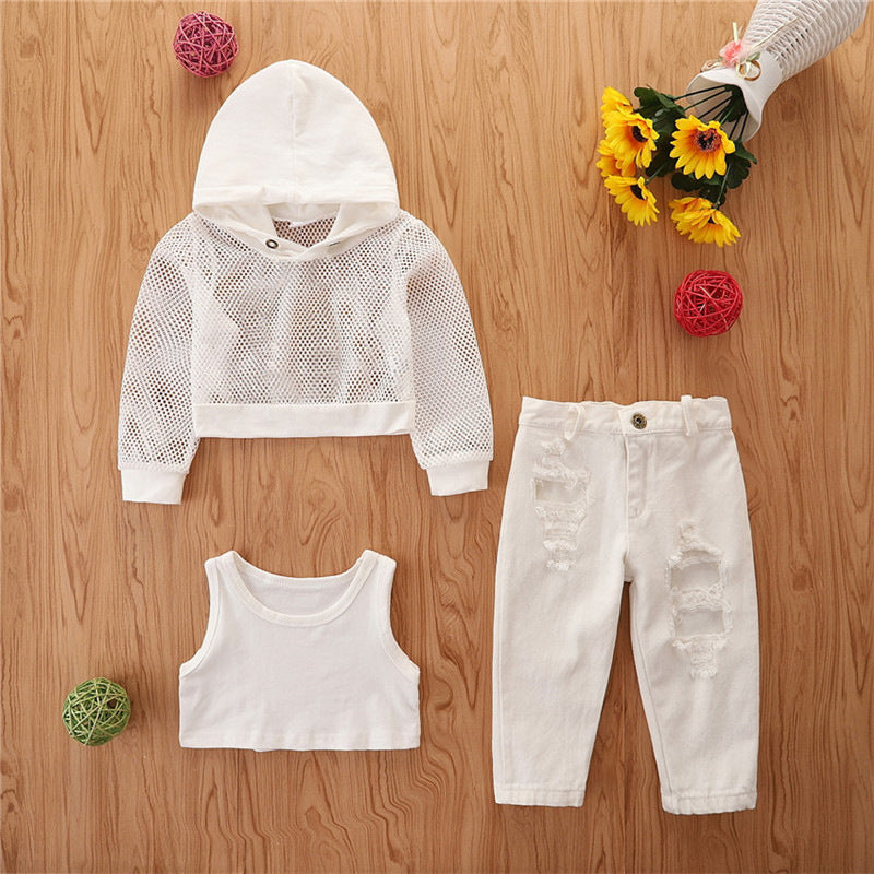Girls' Autumn New Hollow Long Sleeve Hooded Coat Lined with Torn Jeans Three Piece Set - PrettyKid