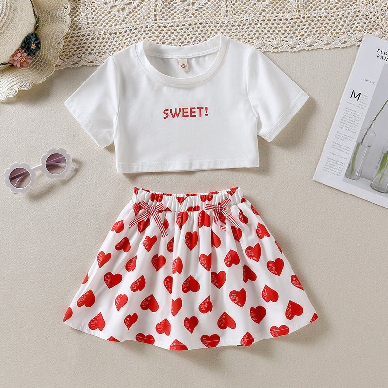 Toddler Kids Girls Solid Letter Short Sleeve T-shirt with Love Print Skirt Set - PrettyKid