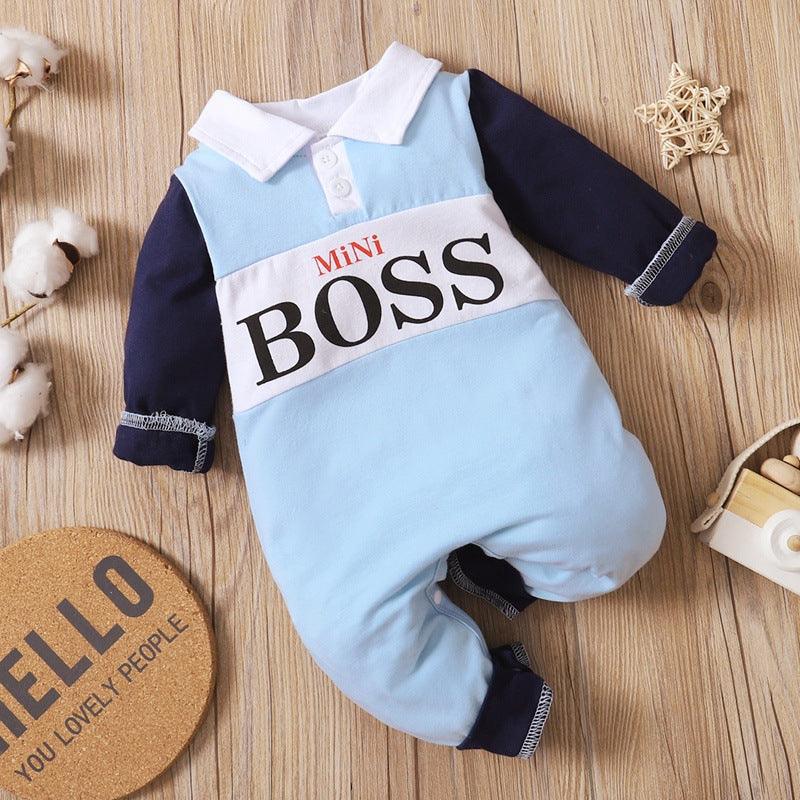 Baby Boys Mini BOSS Lettered Long Sleeve Patchwork Jumpsuit - PrettyKid