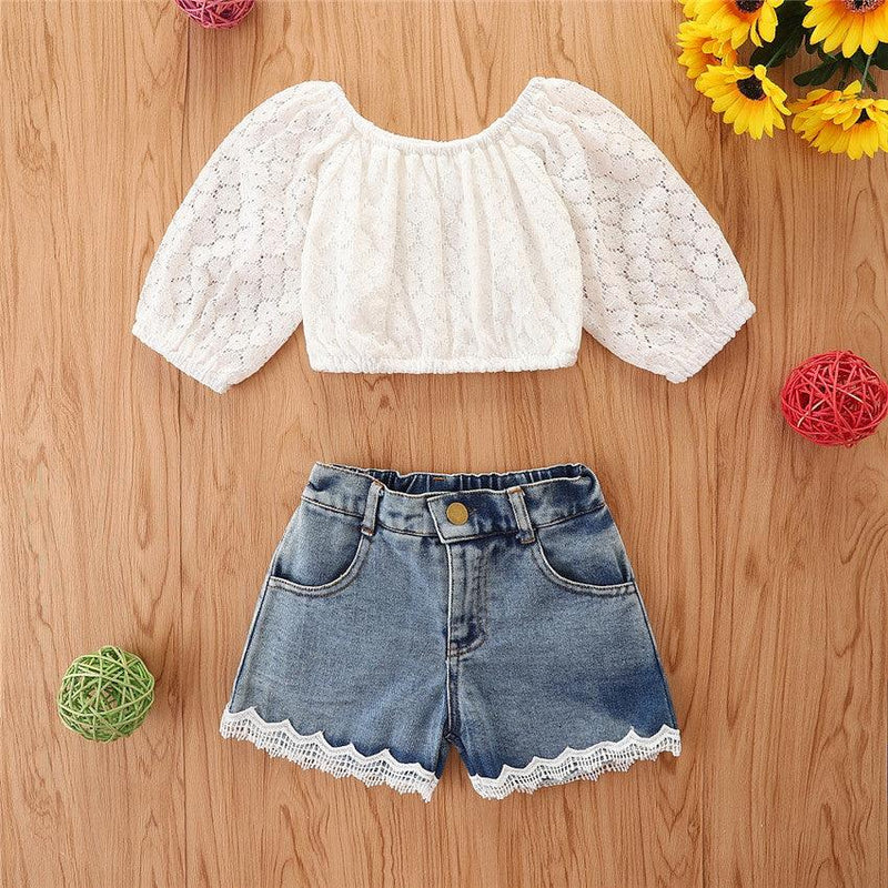 Toddler Kids Girls White Lace Short Sleeve Top Denim Shorts Set Wholesale Girls Boutique Clothing - PrettyKid