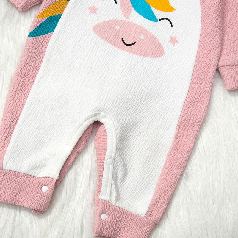 Baby Girls Pink Cartoon Unicorn Printed Long Sleeve Jumpsuit - PrettyKid